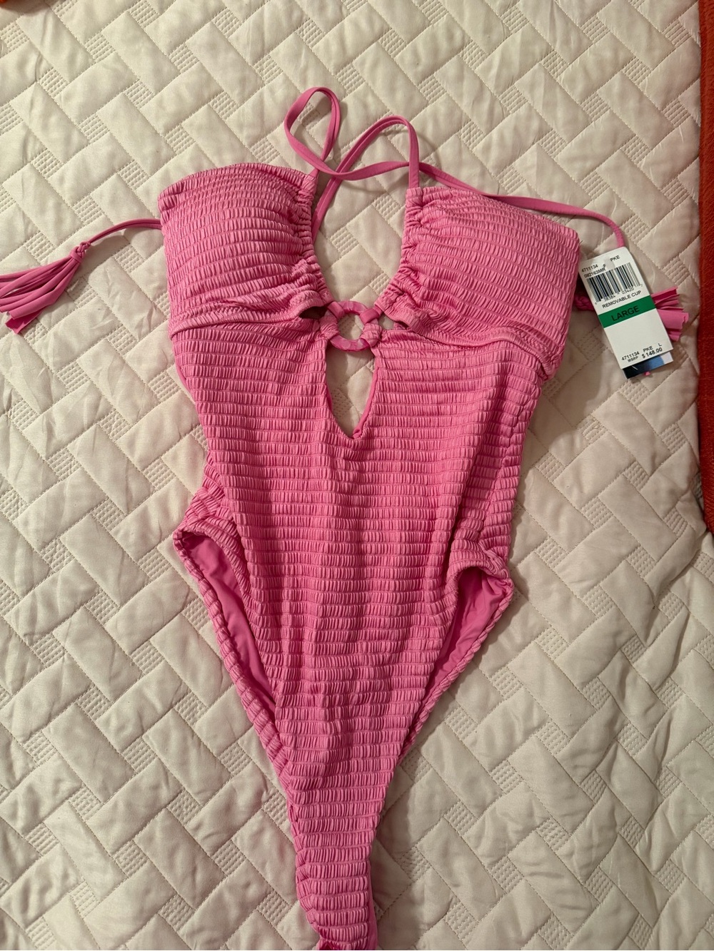 Pink Smocked One-Piece Swimsuit with Front Ring Detail